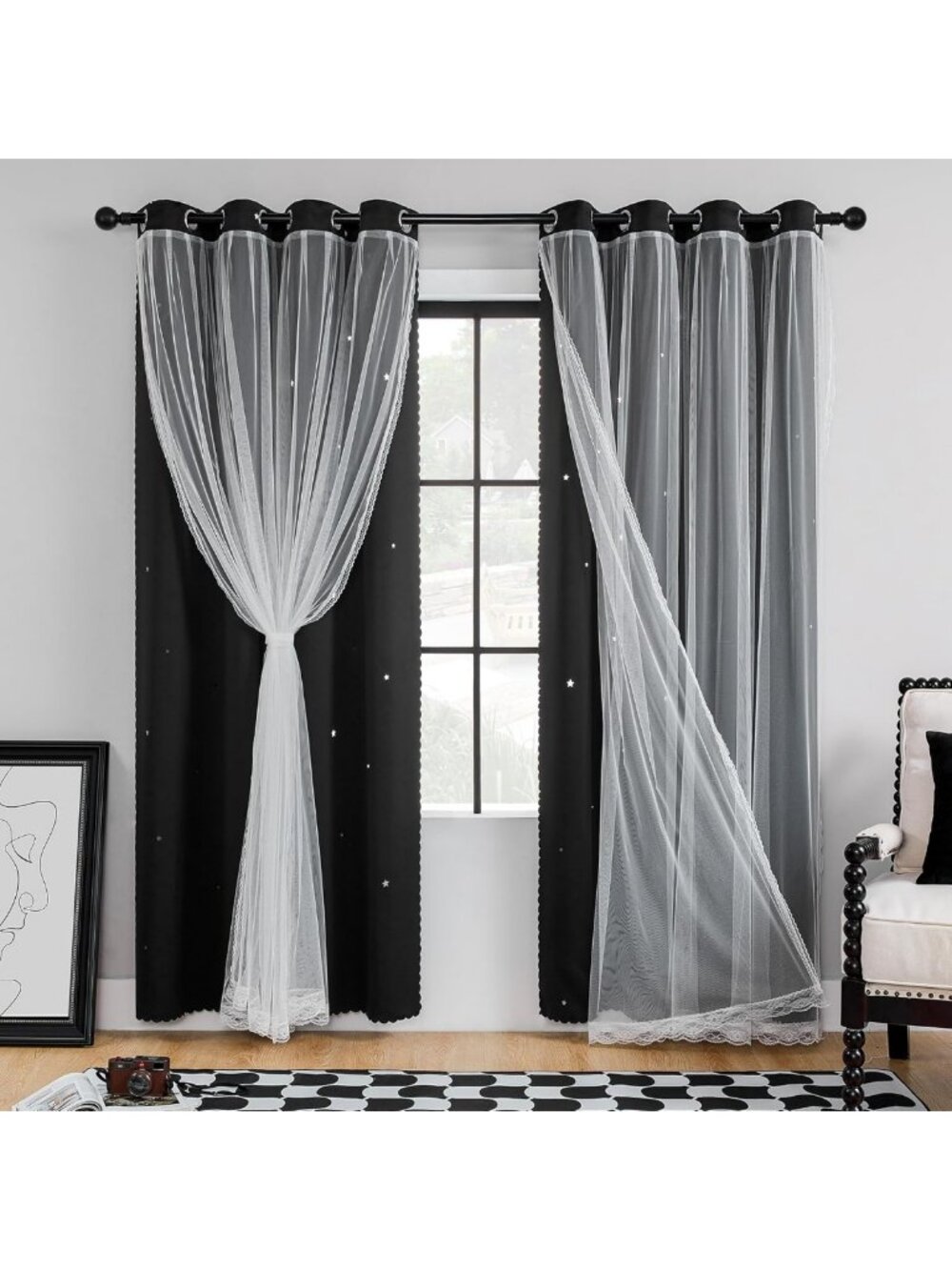 Blackout Curtains 84” Long - 2 Panel Set, Double Layer Star Cut Out Drapes for